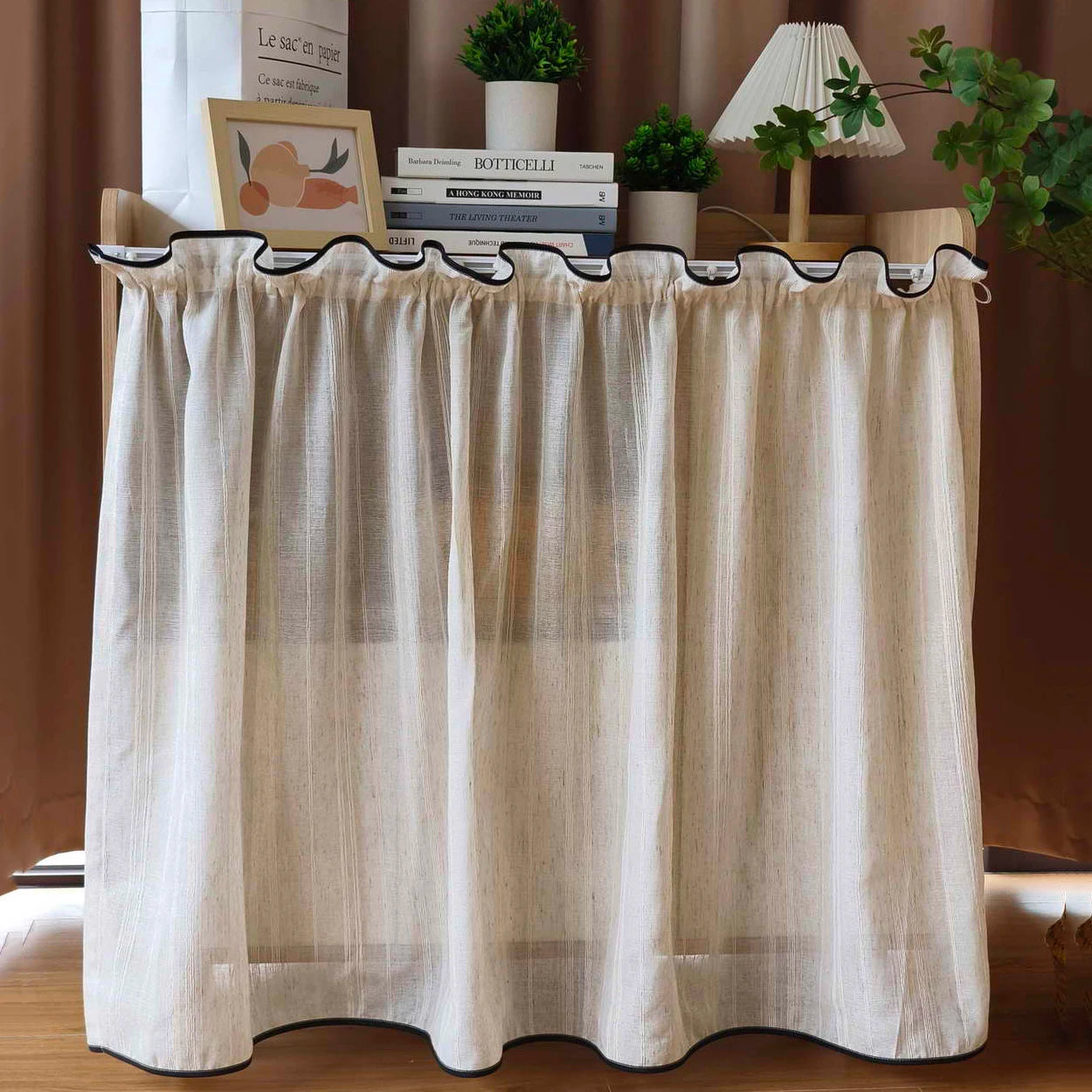 Rideau brise bise effet lin beige tamisant à plis pour cuisine fenêtre (1 pièce)