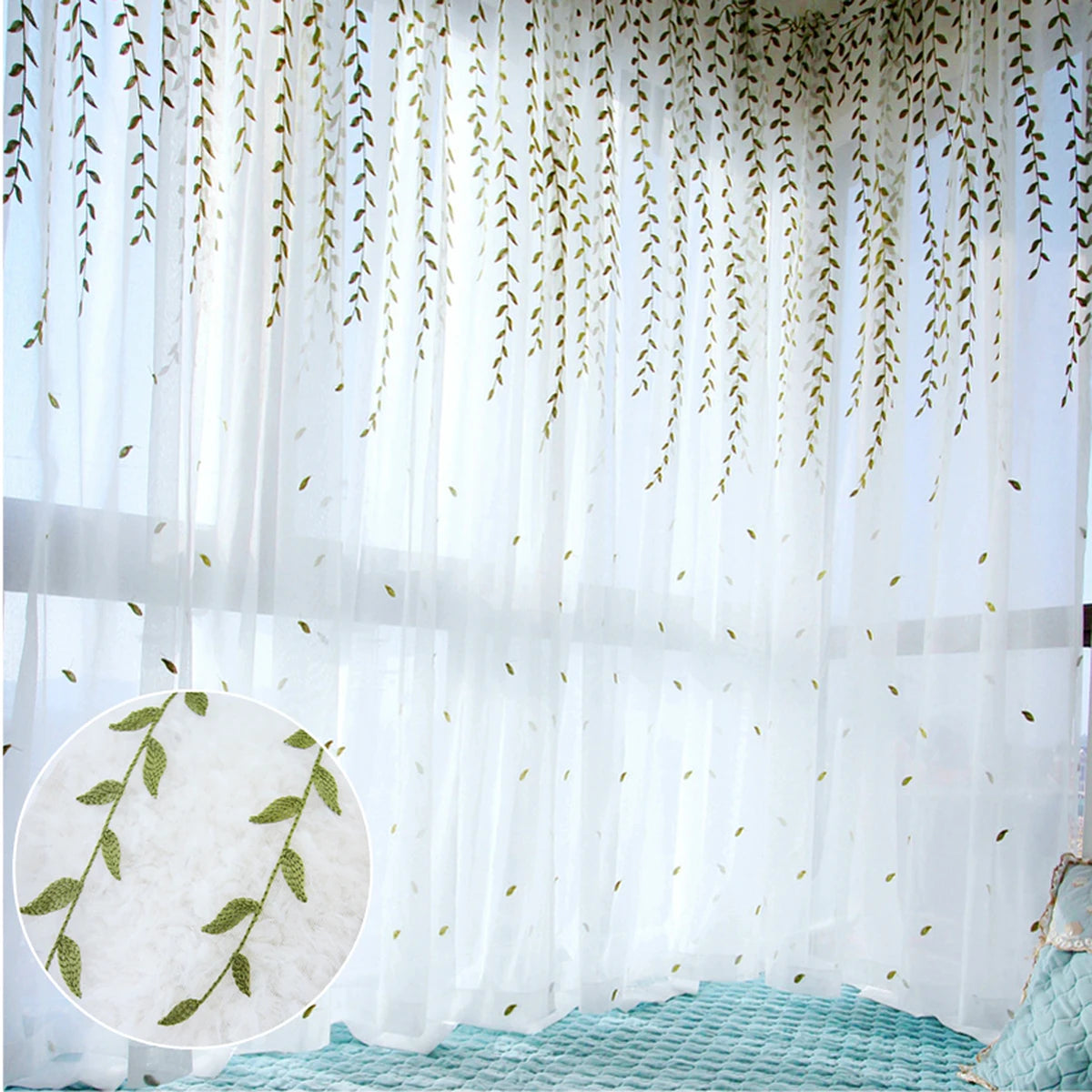 Rideau voilage feuilles brodées vert tamisant polyester pour salon et chambre
