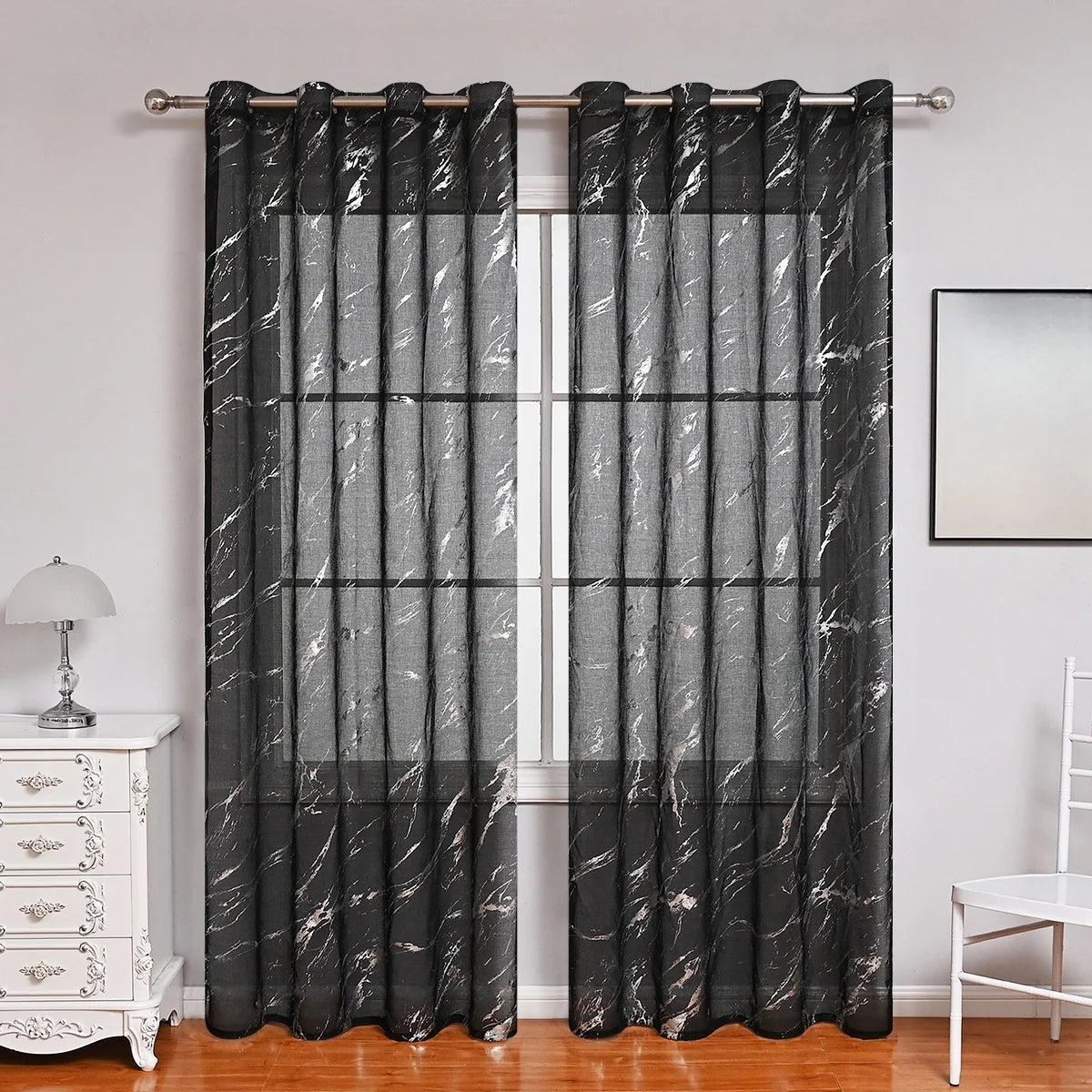Rideaux voilage effet marbre semi-occultants pour salon et chambre (2 panneaux)