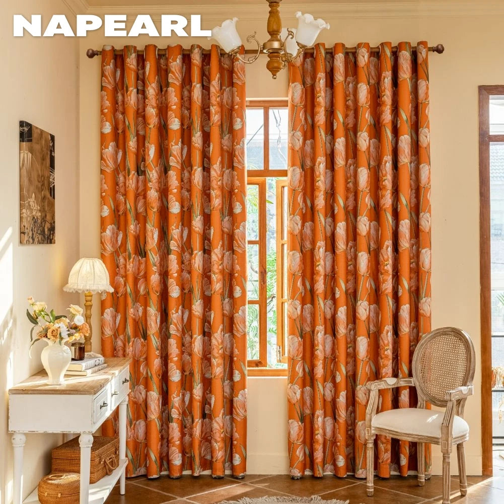 Rideau occultant orange à fleurs 100 % blackout pour salon et chambre