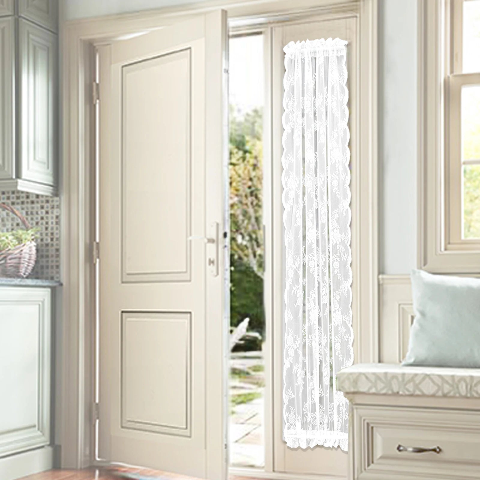 Rideau voilage porte fenêtre dentelle florale blanc tamisant