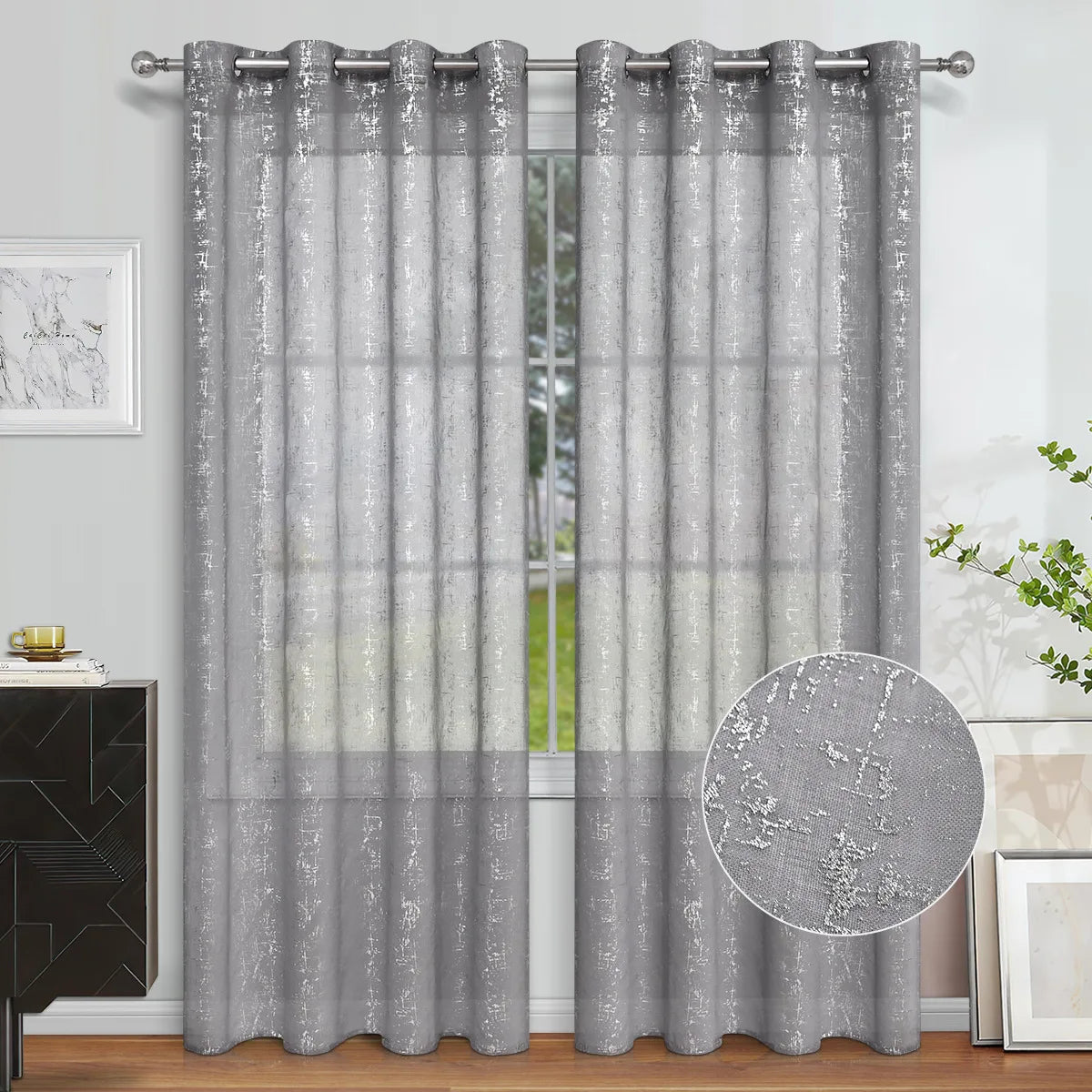 Rideaux semi-voilages argentés à œillets en coton lin pour salon et chambre (2 panneaux)