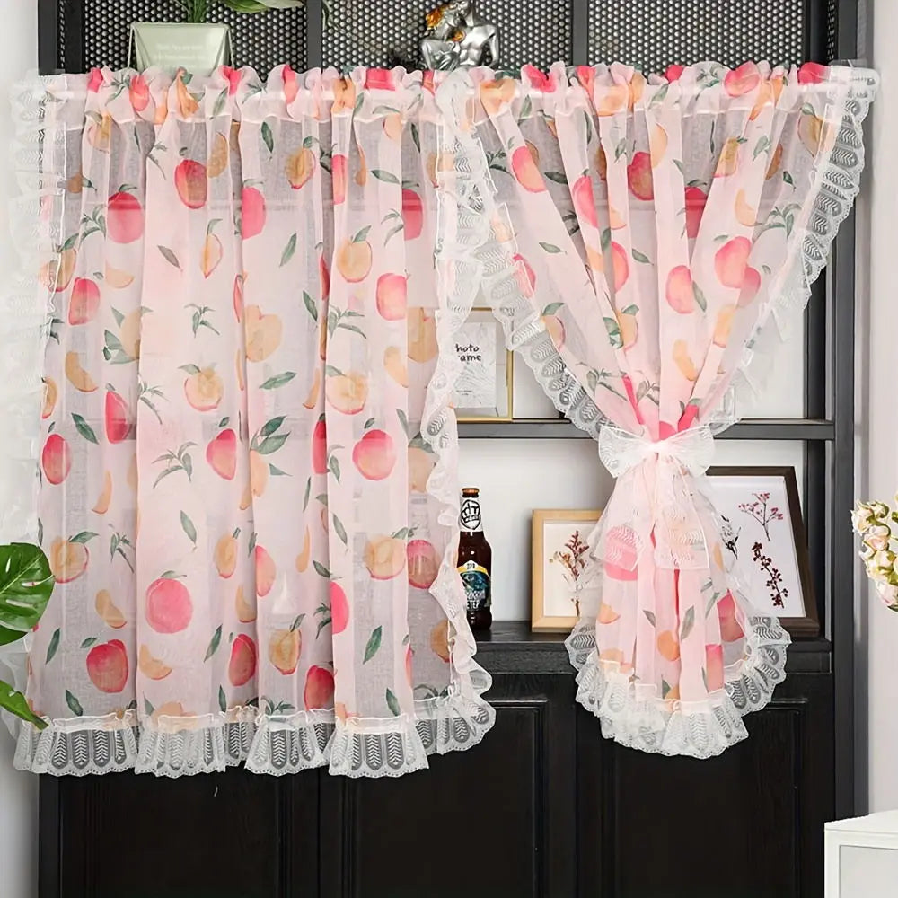Rideaux demi-hauteur en voile à motif fruits avec dentelle (2 panneaux)