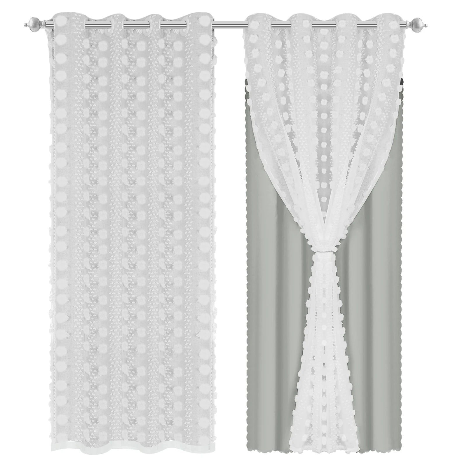Rideau occultant double épaisseur avec voile pompons pour chambre enfant