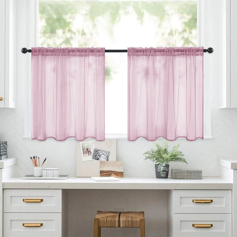 Petit rideau voilage court transparent uni pour cuisine et salle de bain (2 pièces)