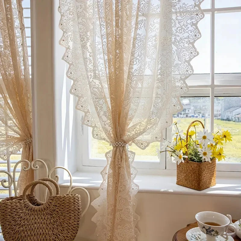 Rideau voilage en dentelle beige style princesse pour salon et chambre