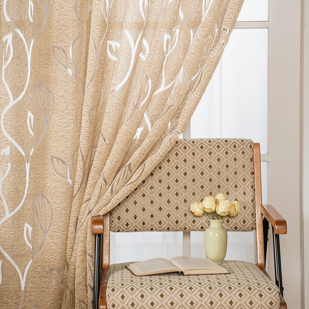 Rideau jacquard tamisant beige motif feuilles style européen