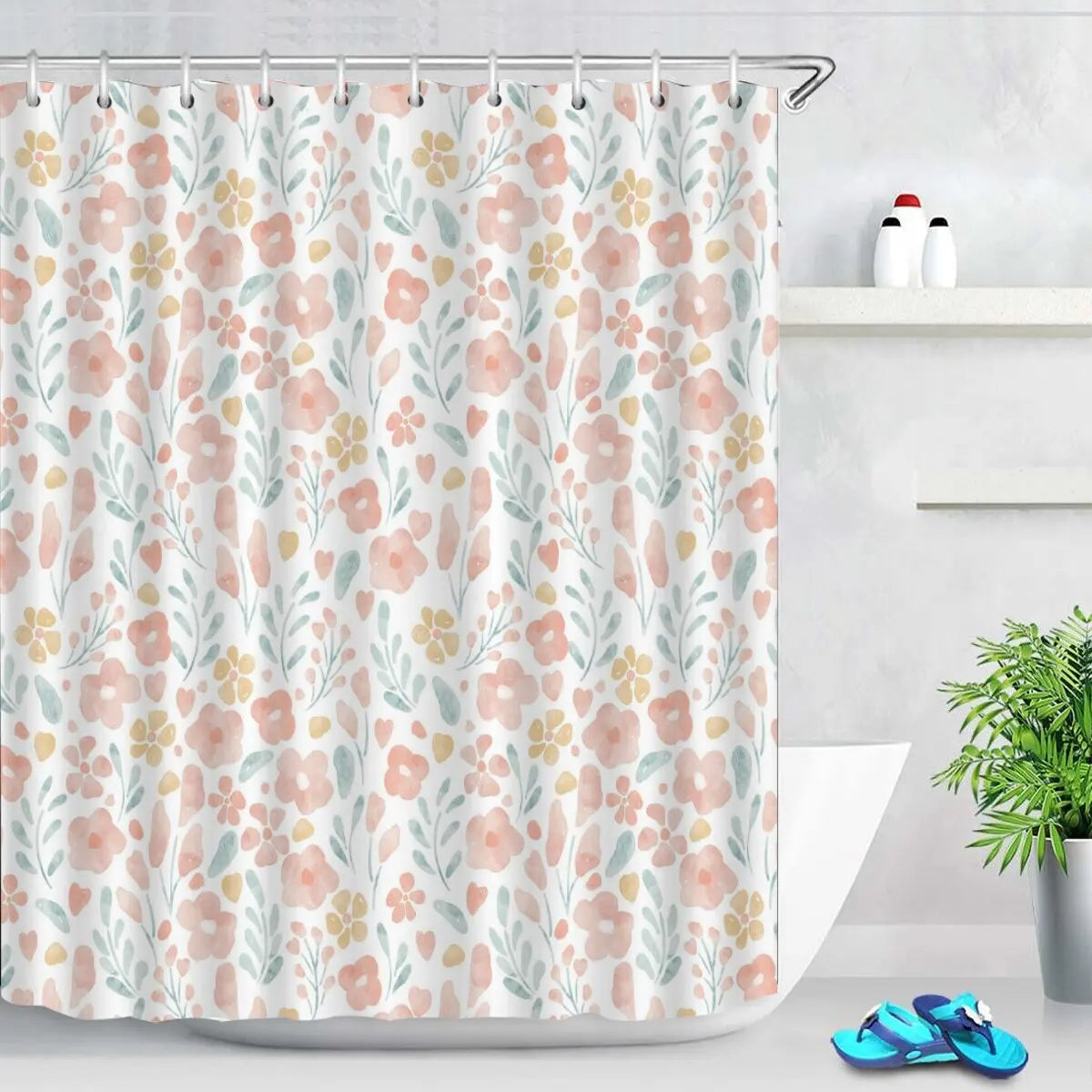 Rideau de douche en polyester imperméable motif tulipes roses