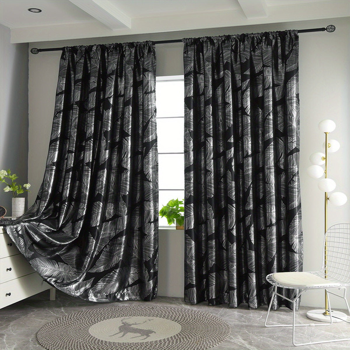 Rideau occultant noir ou gris à motifs feuilles pour salon et chambre