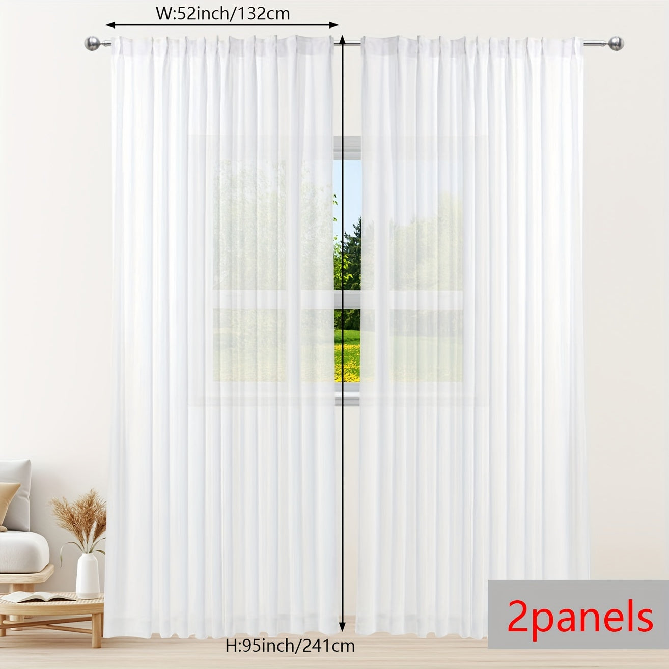 Rideaux voilage blanc semi-opaque à poche tringle pour fenêtre et porte-fenêtre (2 panneaux)