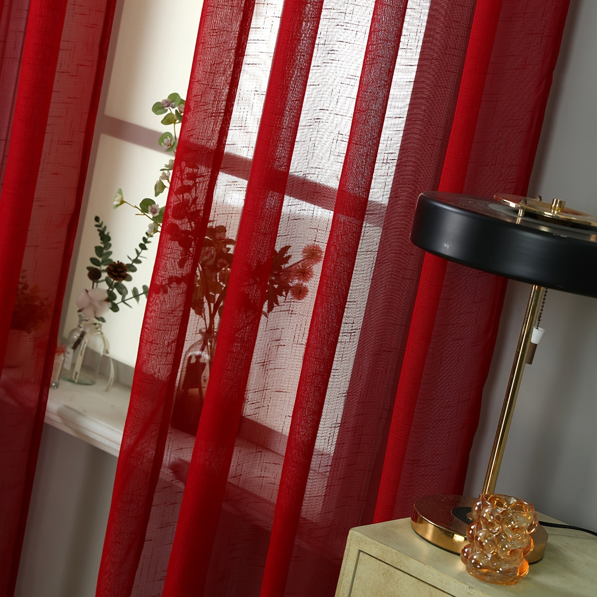 Rideaux voilage rouges tamisants en polyester pour salon et chambre (2 panneaux)