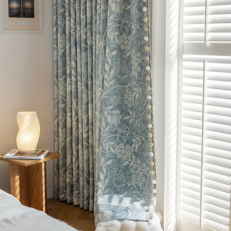 Rideau occultant jacquard chenille floral bleu style français (2 panneaux)