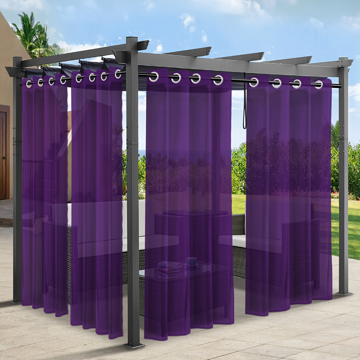 Rideaux voilage extérieur effet lin à œillets pour pergola (2 panneaux)