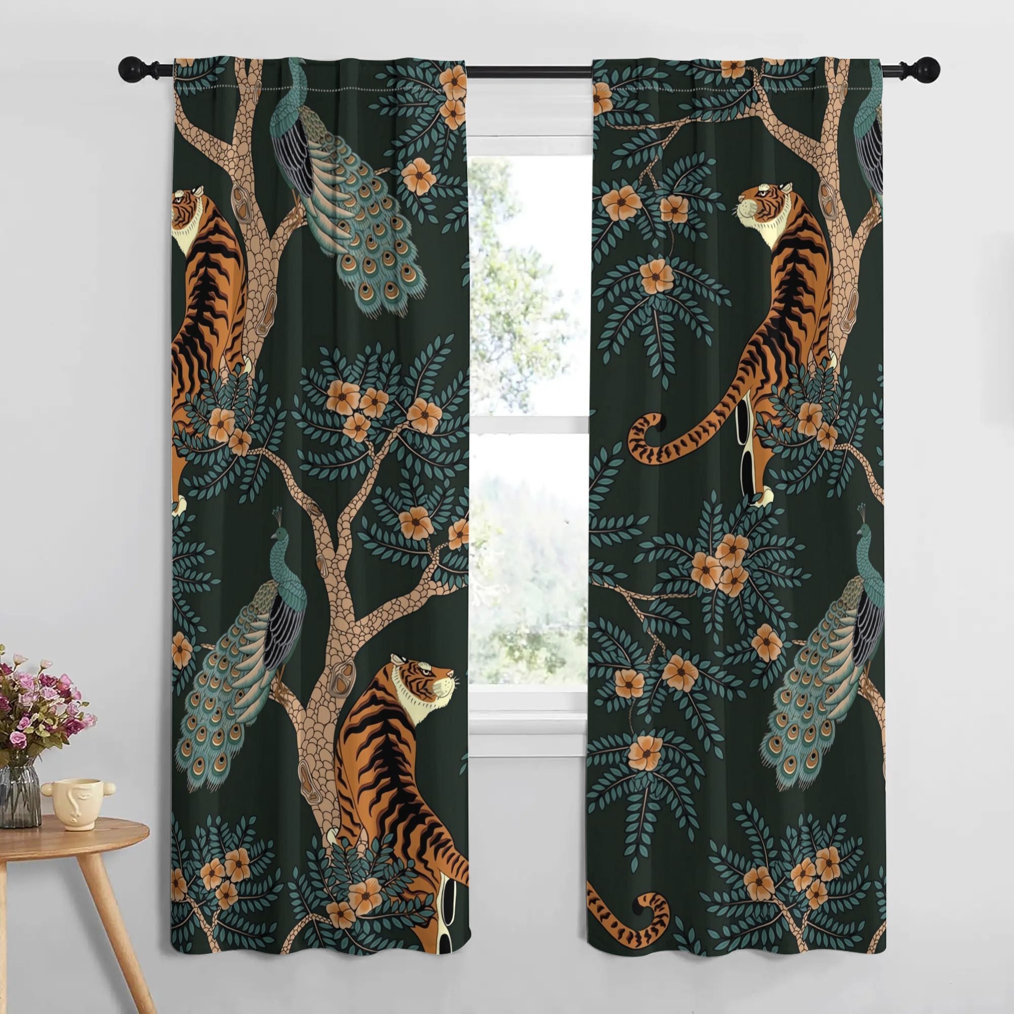 Rideaux occultants jungle vintage tigre et paon en polyester (2 panneaux)