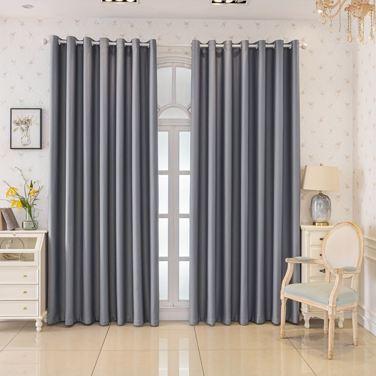Rideaux occultants gris épais en polyester pour salon et chambre (2 panneaux)