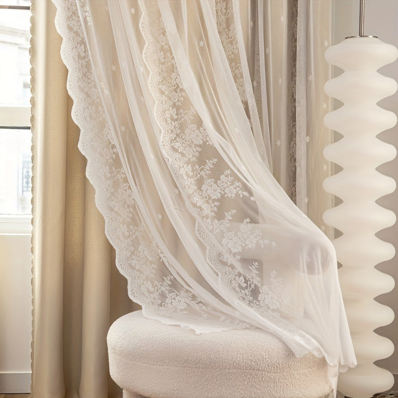 Rideau double épaisseur occultant en polyester beige avec voilage dentelle