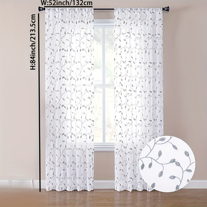 Rideau voilage brodé feuilles en polyester tamisant pour cuisine (1/2 panneaux)