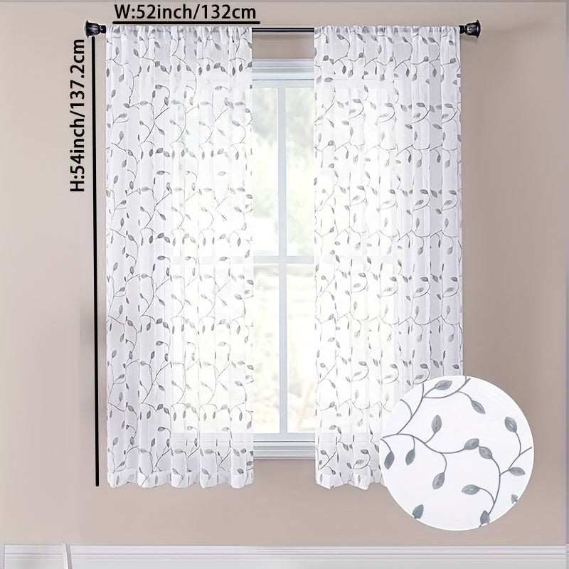 Rideau voilage brodé feuilles en polyester tamisant pour cuisine (1/2 panneaux)