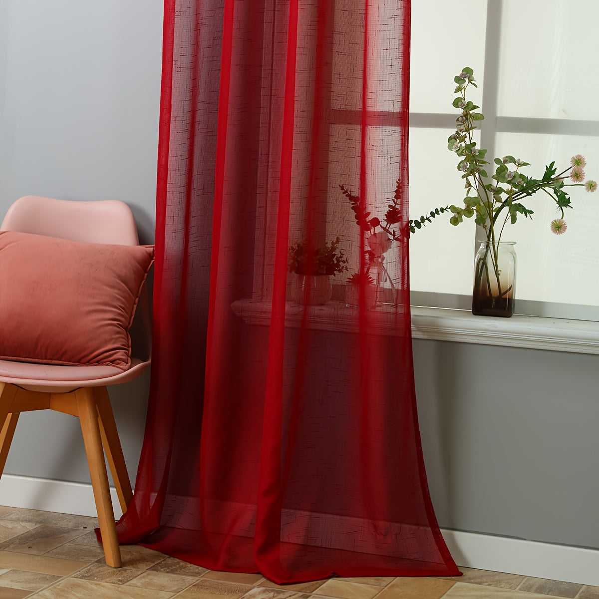 Rideaux voilage rouges tamisants en polyester pour salon et chambre (2 panneaux)