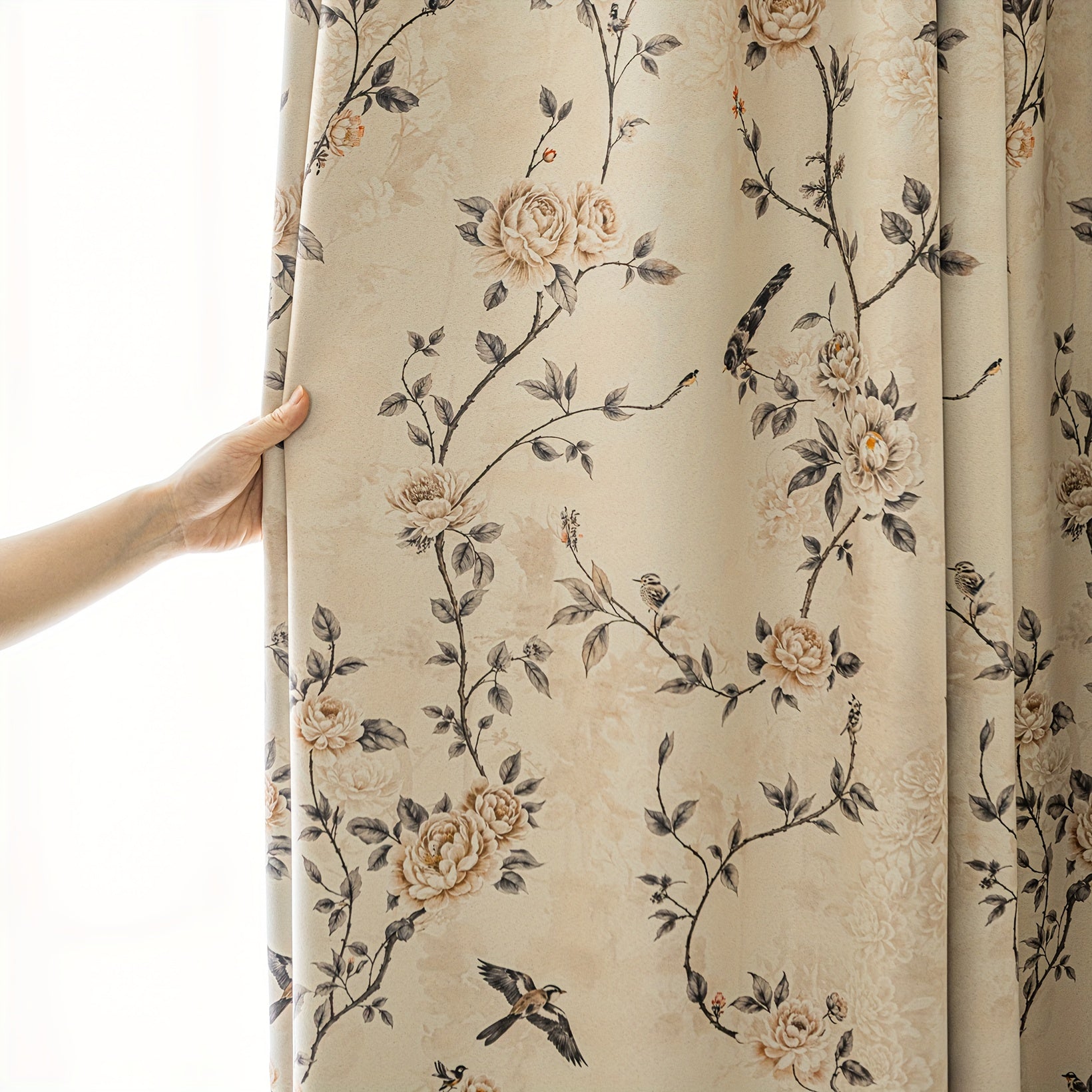 Rideau occultant thermique style campagne motif oiseaux et fleurs