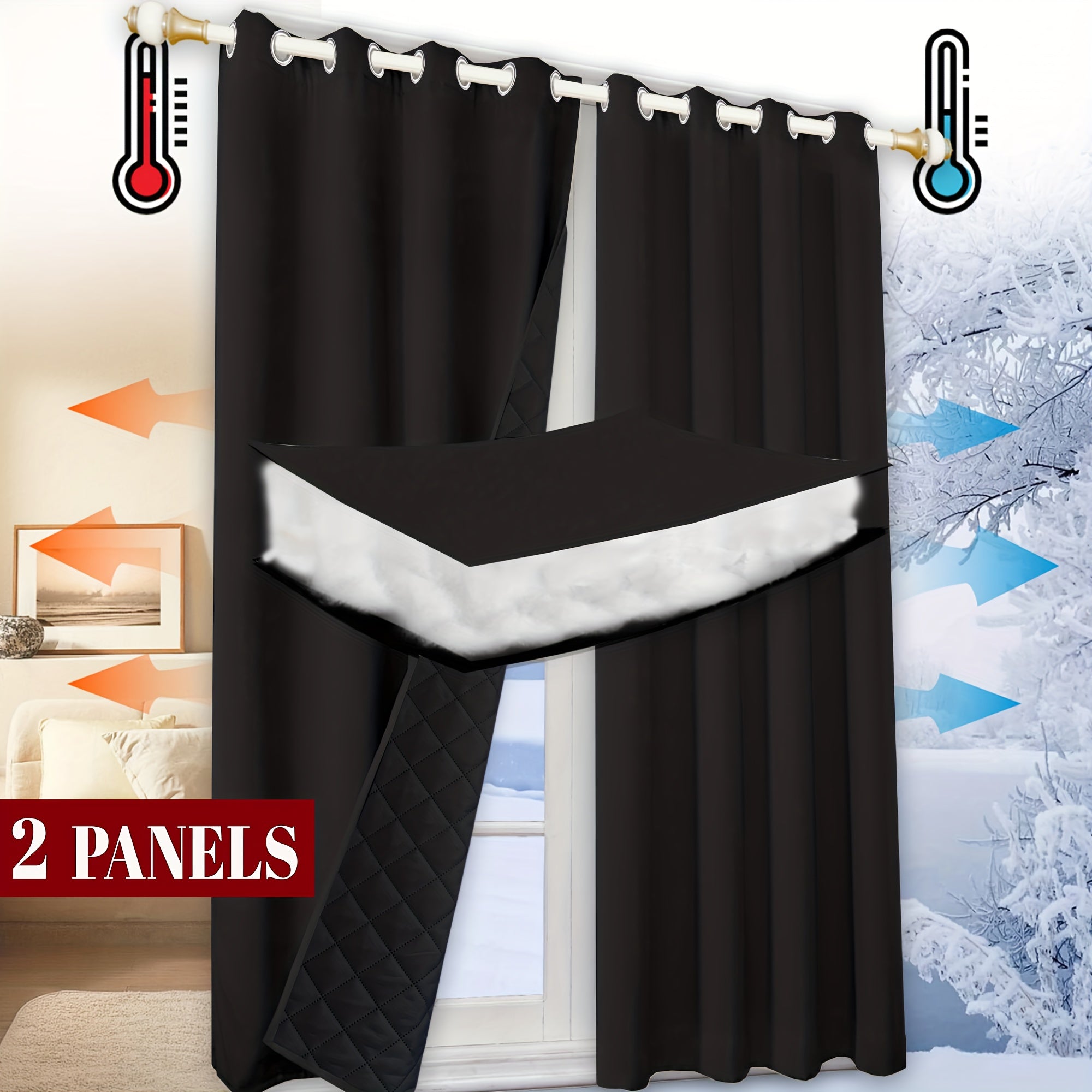 Rideau thermique matelassé isolant hiver occultant moderne (2 panneaux)