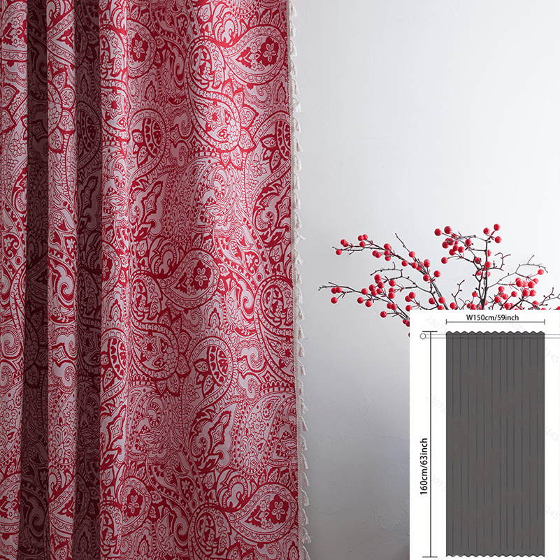 Rideau jacquard baroque rouge et rose tamisant à pampilles