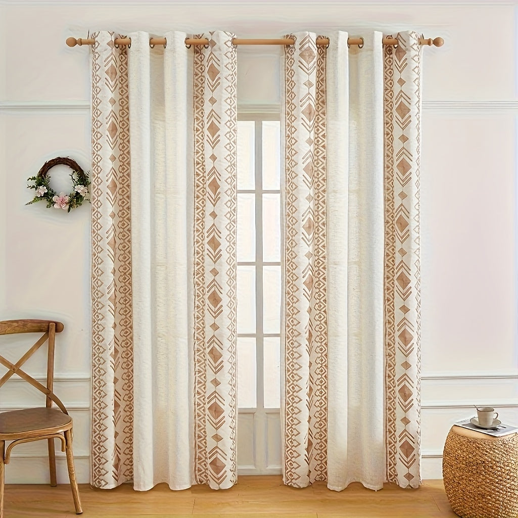 Rideau bohème semi-transparent à œillets motif géométrique losanges