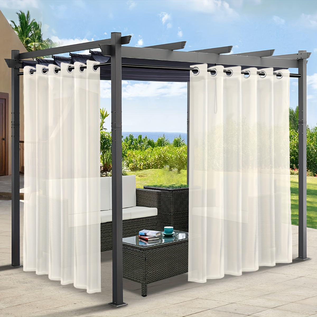 Rideaux voilage extérieur effet lin à œillets pour pergola (2 panneaux)