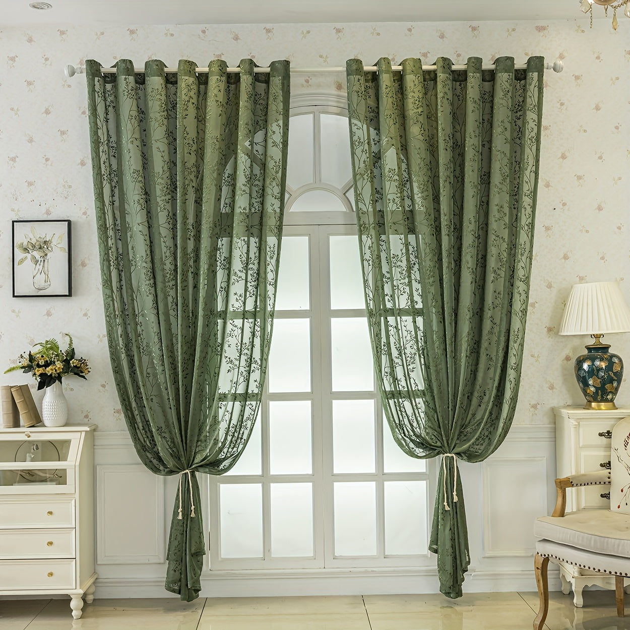 Rideaux jacquard bohème vert tamisant motif végétal (2 panneaux)