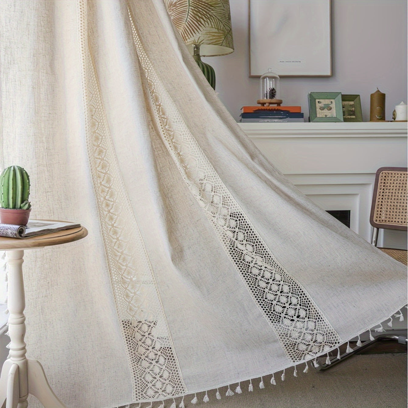 Rideau voilage bohème beige en lin jacquard ajouré à pampilles