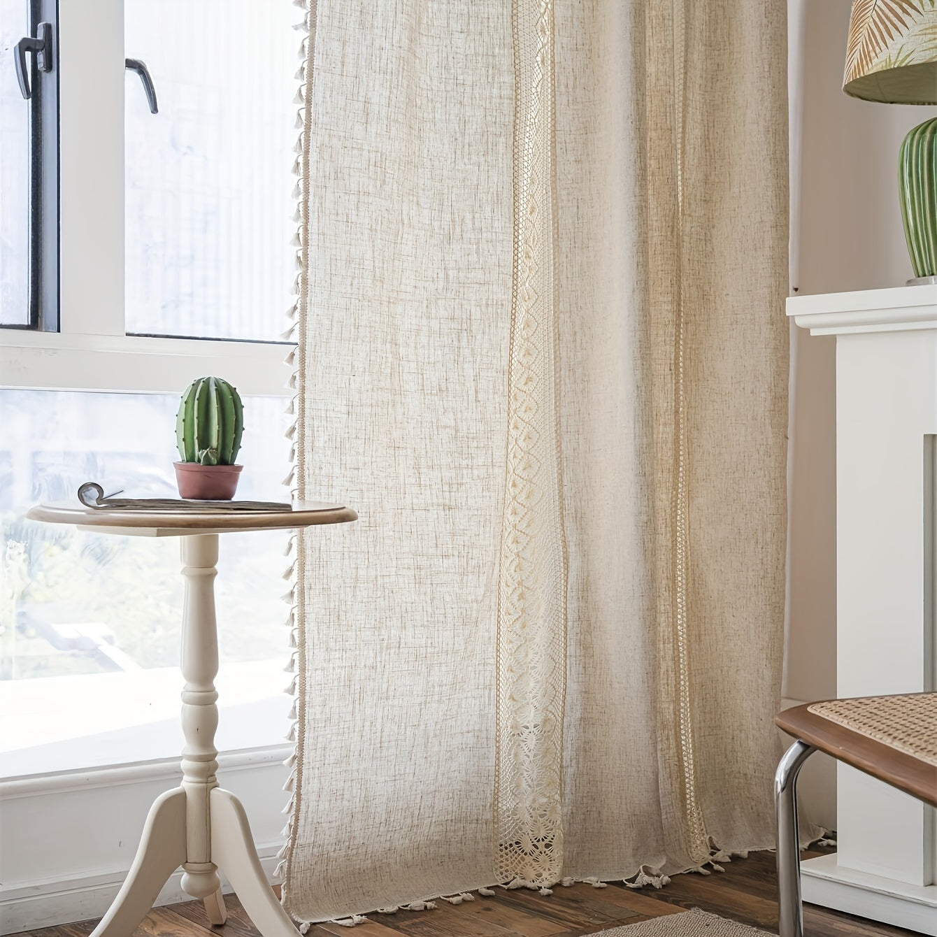 Rideau voilage bohème beige en lin jacquard ajouré à pampilles