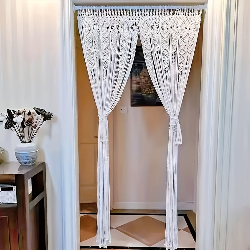 Rideau macramé bohème extra-long en coton ajouré pour porte (1 panneau)