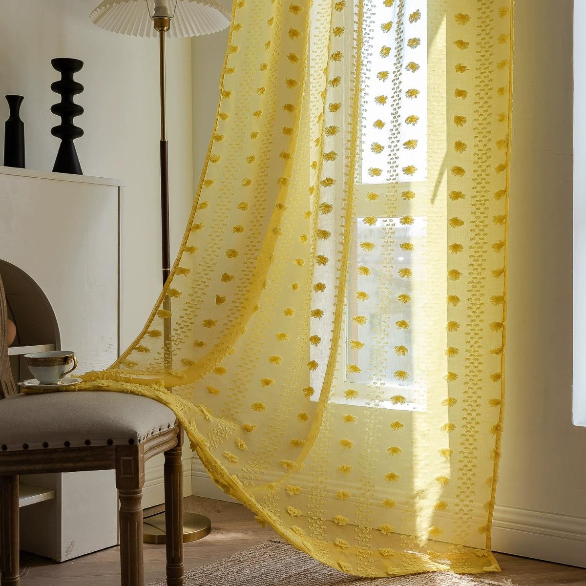 Rideau tamisant jaune à pompons en polyester pour salon et chambre