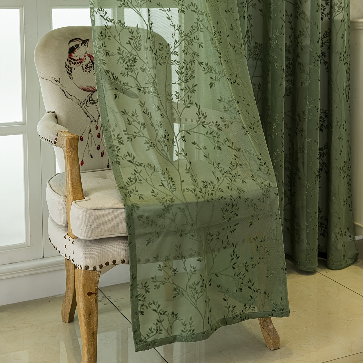 Rideaux jacquard bohème vert tamisant motif végétal (2 panneaux)