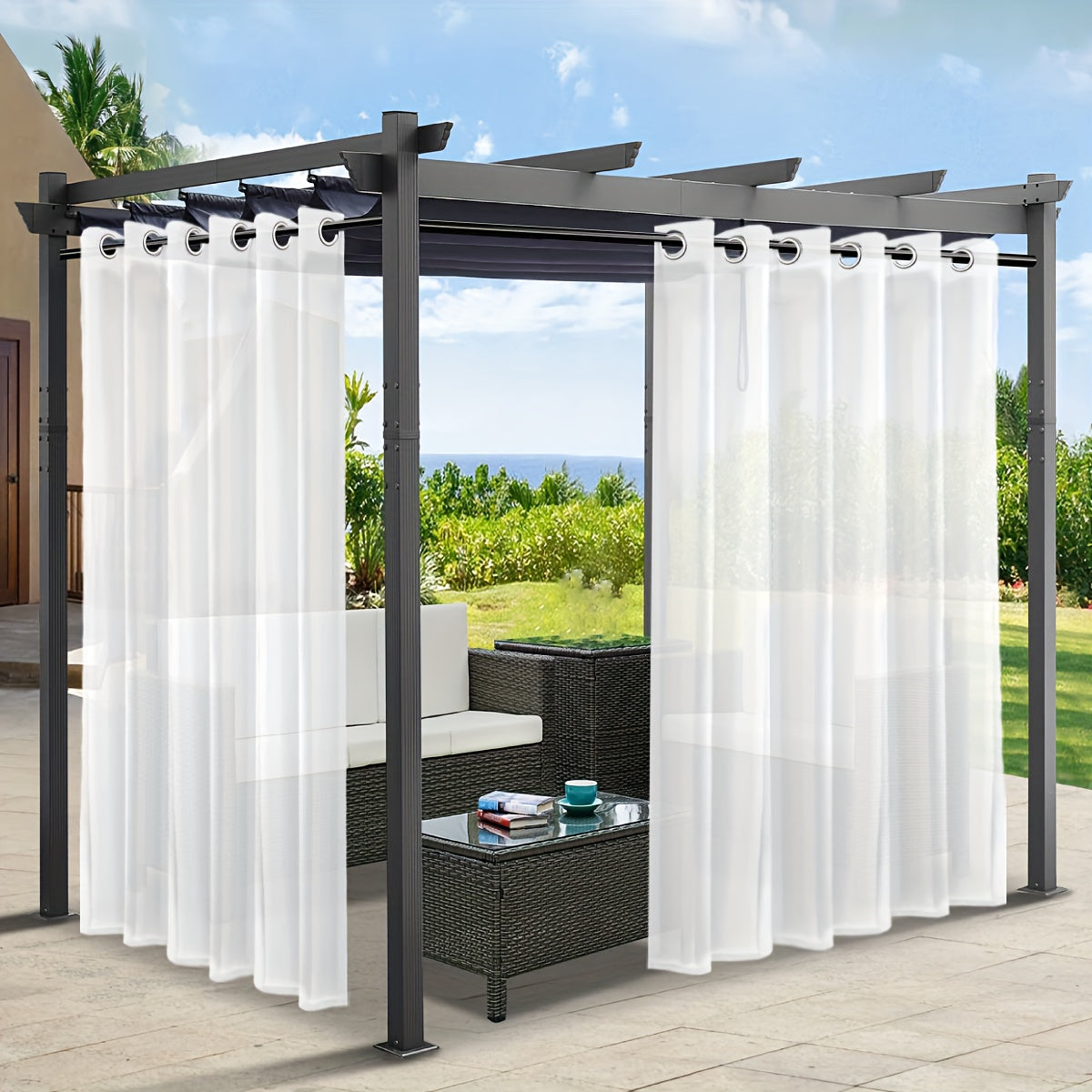 Rideaux voilage extérieur effet lin à œillets pour pergola (2 panneaux)