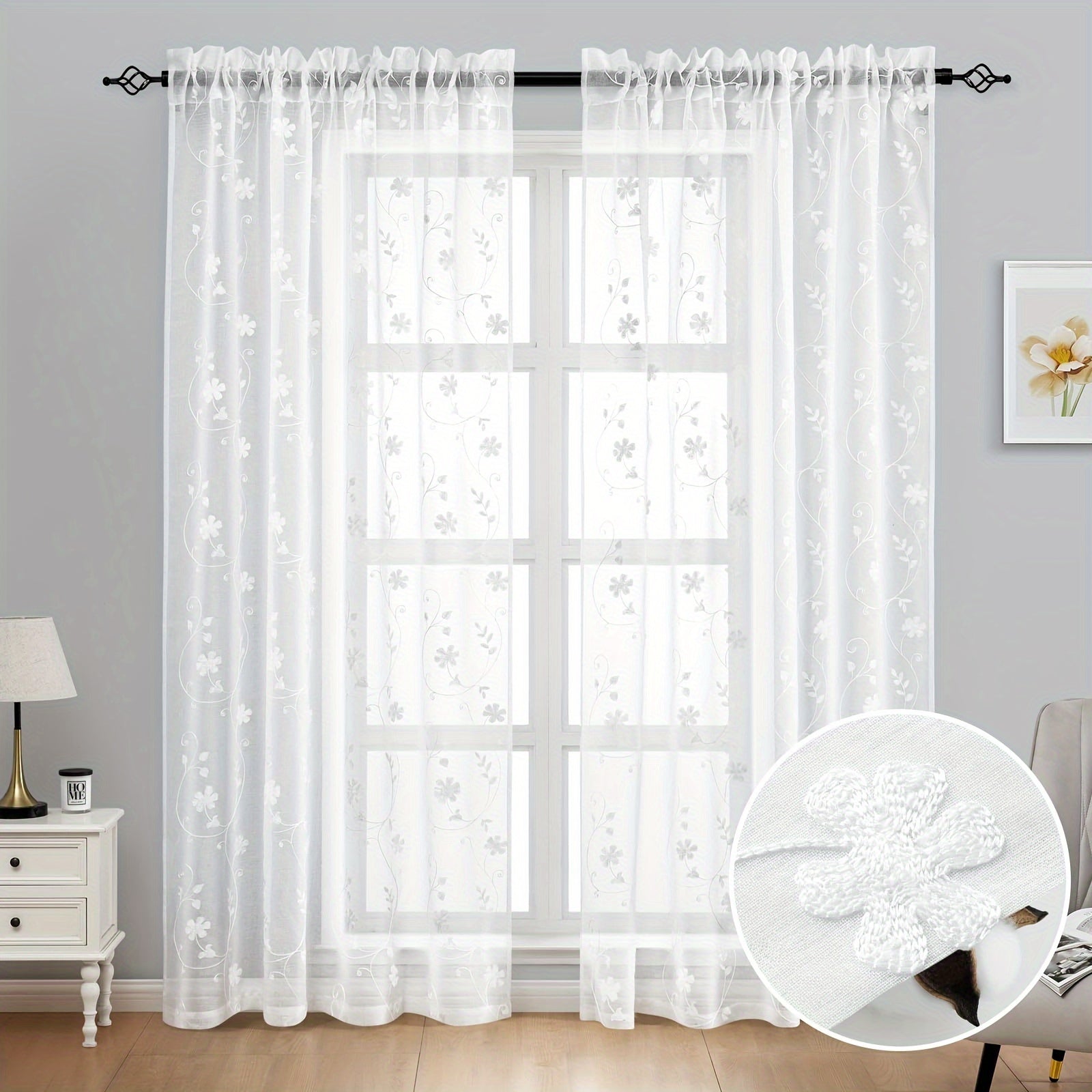 Rideaux voilage brodés fleurs semi-transparents pour salon et chambre (2 panneaux)