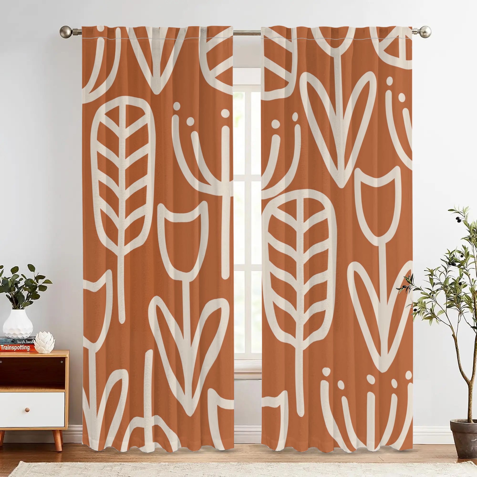 Rideaux occultants terracotta et beige motif botanique en polyester (2 panneaux)