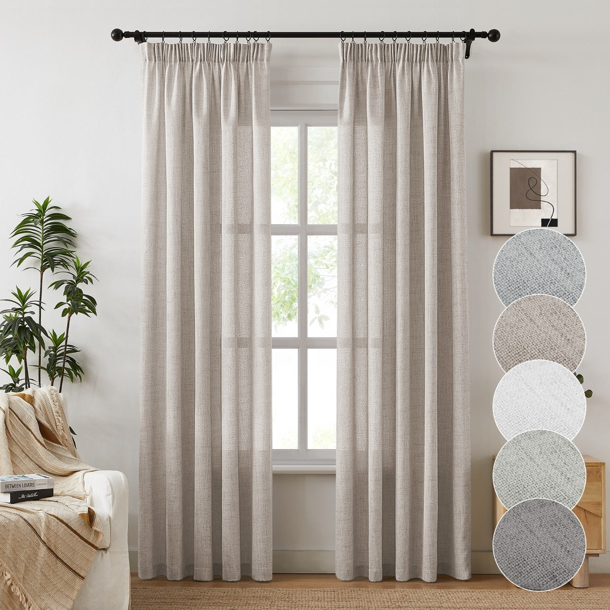 Rideaux semi-transparents effet lin texturé style farmhouse (2 panneaux)