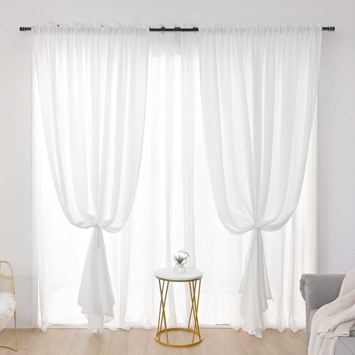 Rideaux voilage blanc semi-transparent effet lin moderne (2 panneaux)