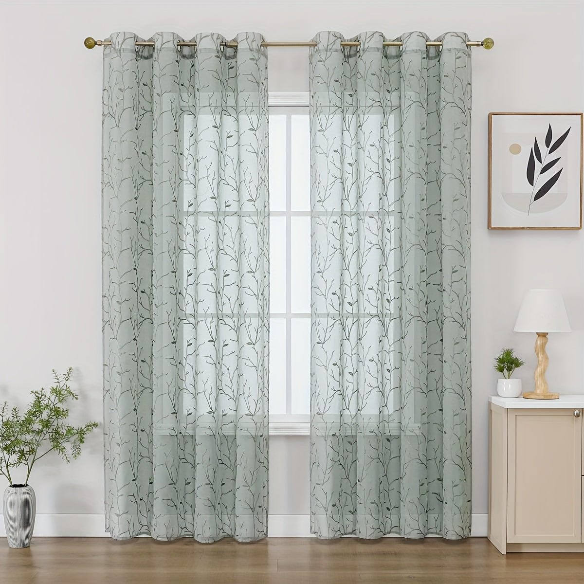 Rideaux voilage brodés bohème à branches semi-transparents (2 panneaux)