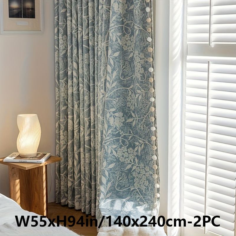 Rideau occultant jacquard chenille floral bleu style français (2 panneaux)