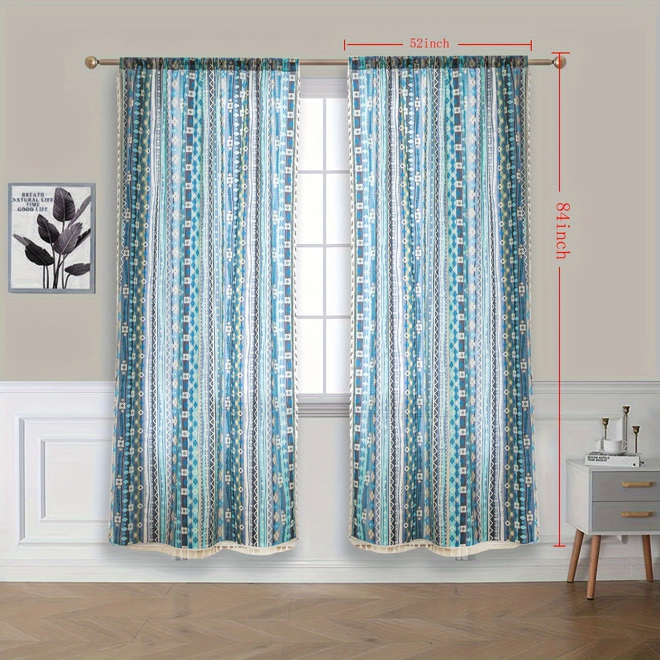 Rideau voilage bohème à rayures multicolores avec pompons (2 panneaux)