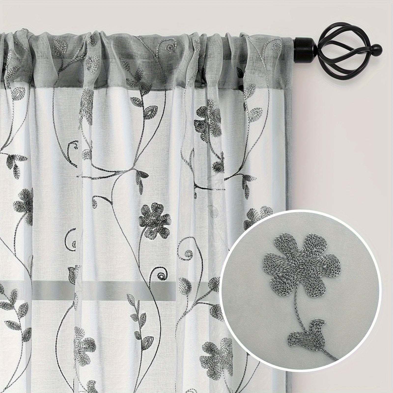 Rideaux voilage brodés fleurs semi-transparents pour salon et chambre (2 panneaux)