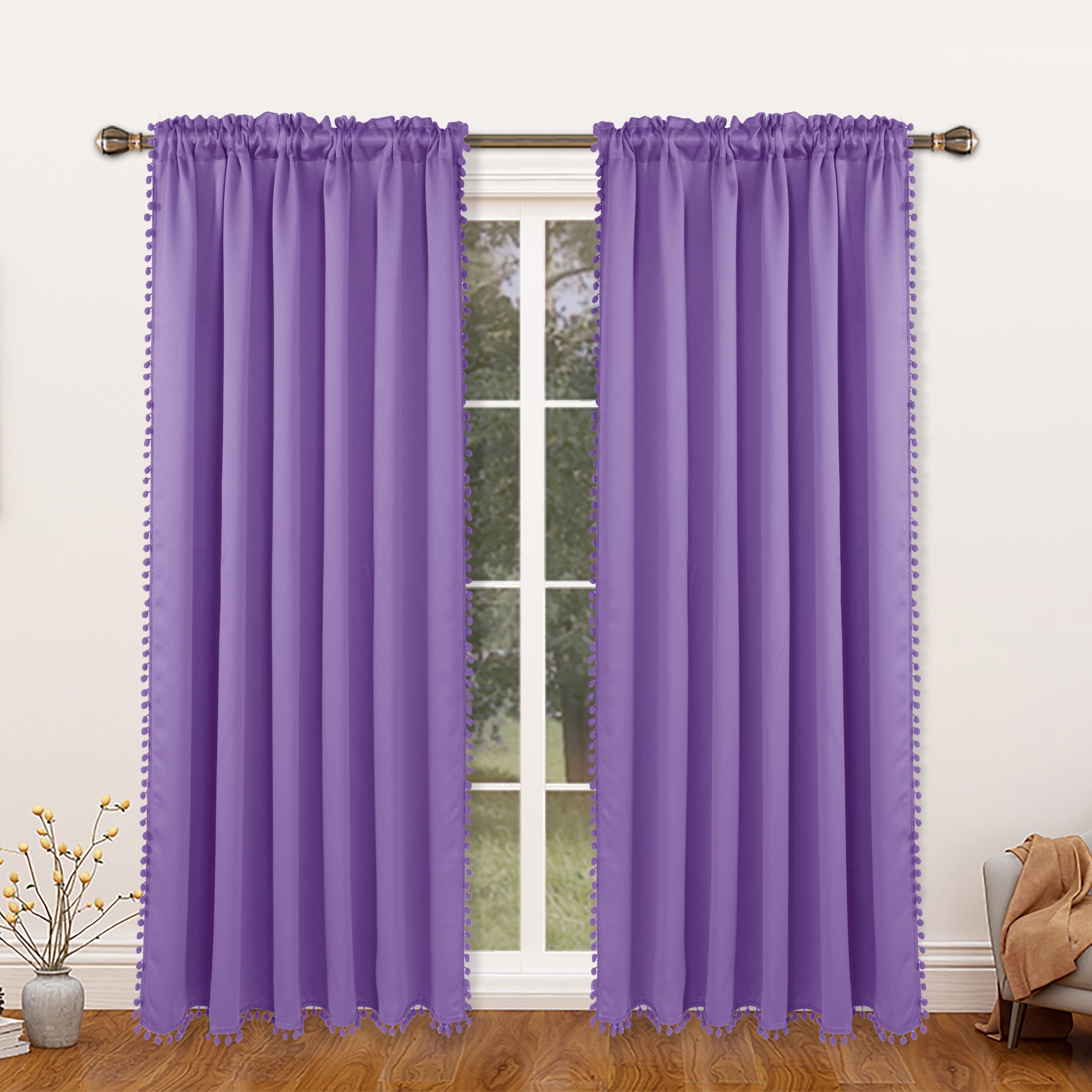 Rideau occultant thermique avec galon pompons pour salon et chambre