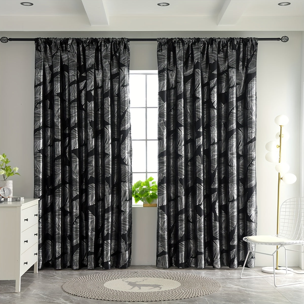 Rideau occultant noir ou gris à motifs feuilles pour salon et chambre