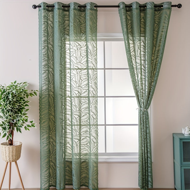 Rideau voilage vert à motifs feuilles ajouré avec œillets