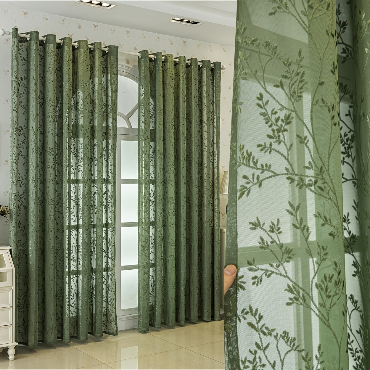 Rideaux jacquard bohème vert tamisant motif végétal (2 panneaux)