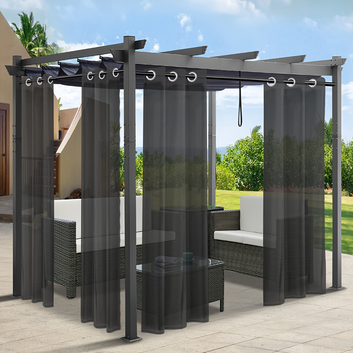 Rideaux voilage extérieur effet lin à œillets pour pergola (2 panneaux)