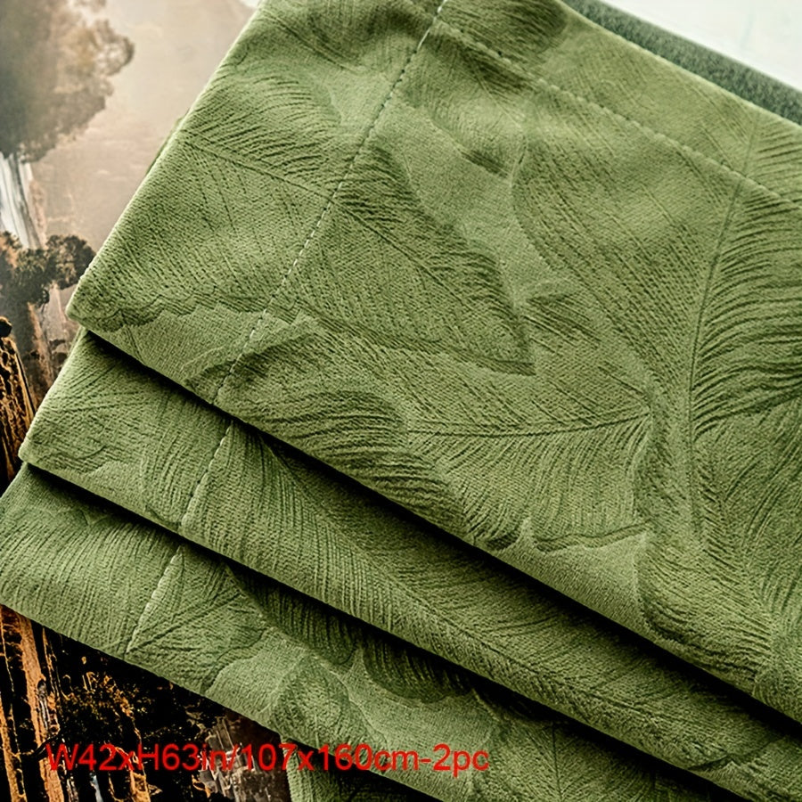 Rideaux occultants velours vert motif feuille pour salon (2 panneaux)