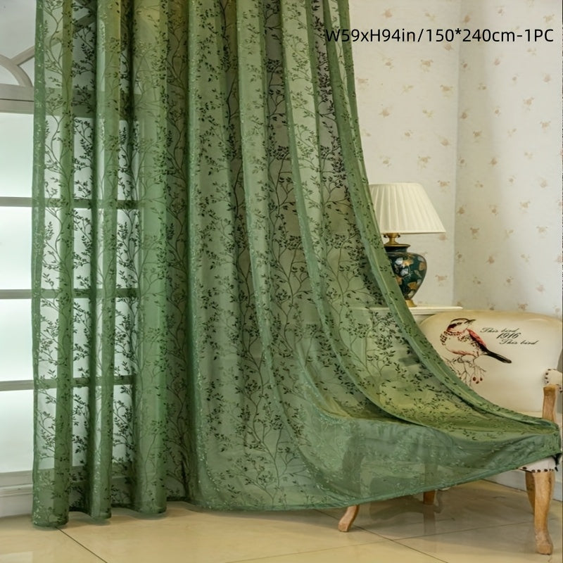 Rideau voilage vert brodé feuillage à œillets pour salon et chambre